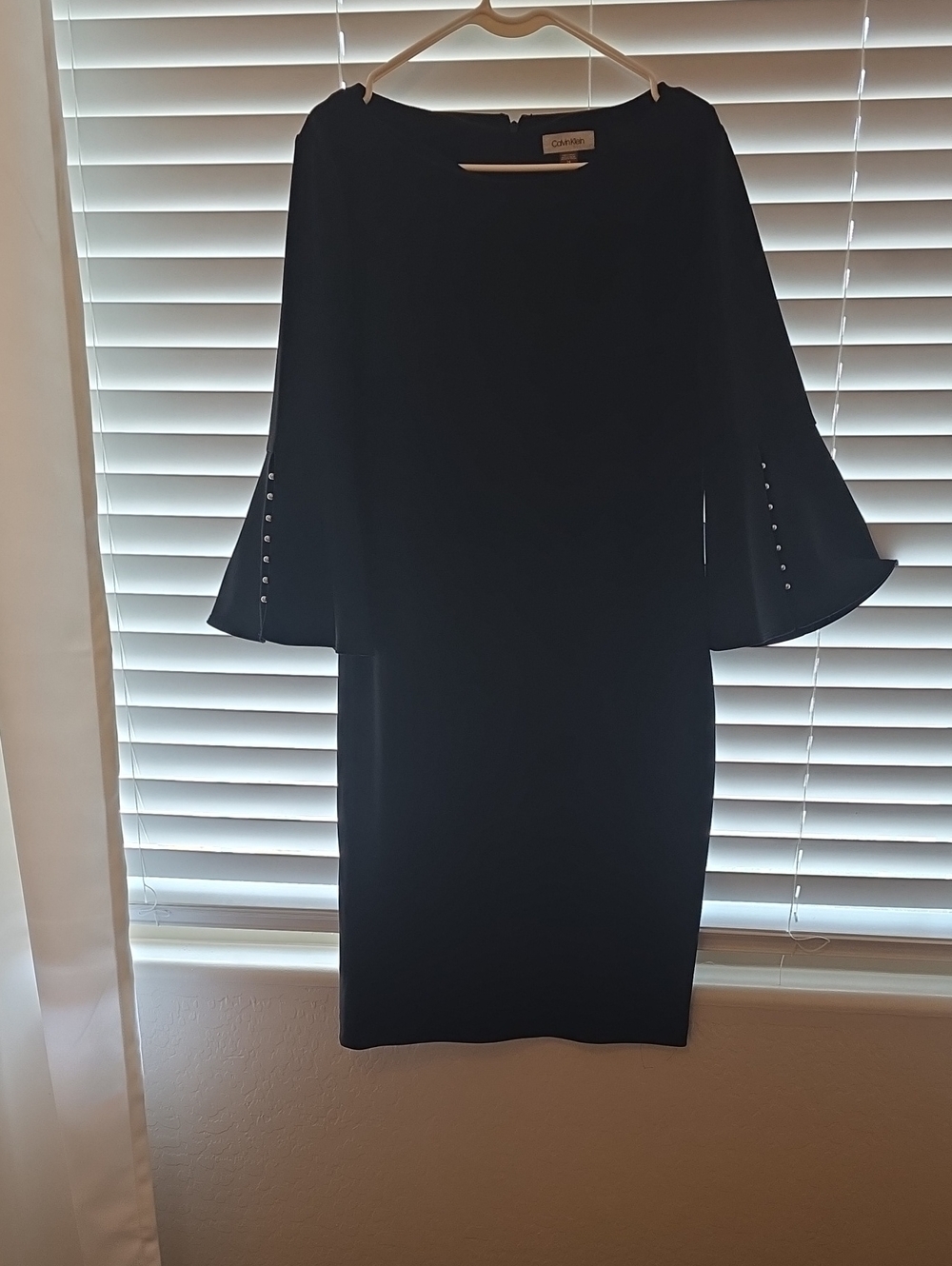 Calvin Klein Black Bell-Sleeve, With Pearl Accent, Sheath Dress